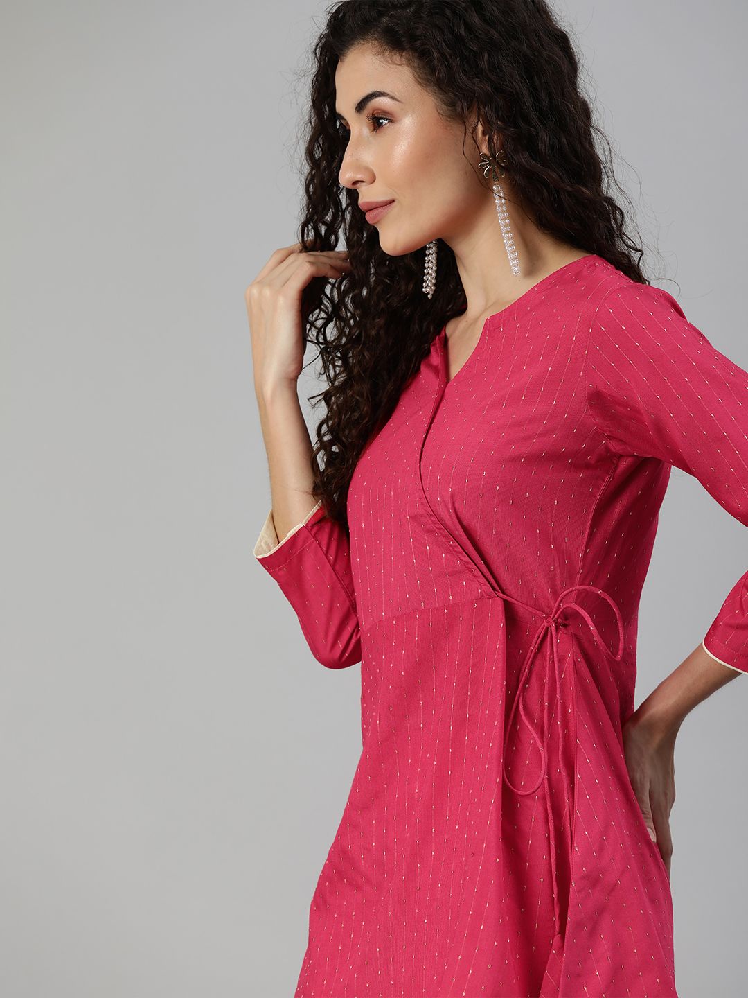 Indyancart IE Women Pink Woven Design Top with Dhoti Pants