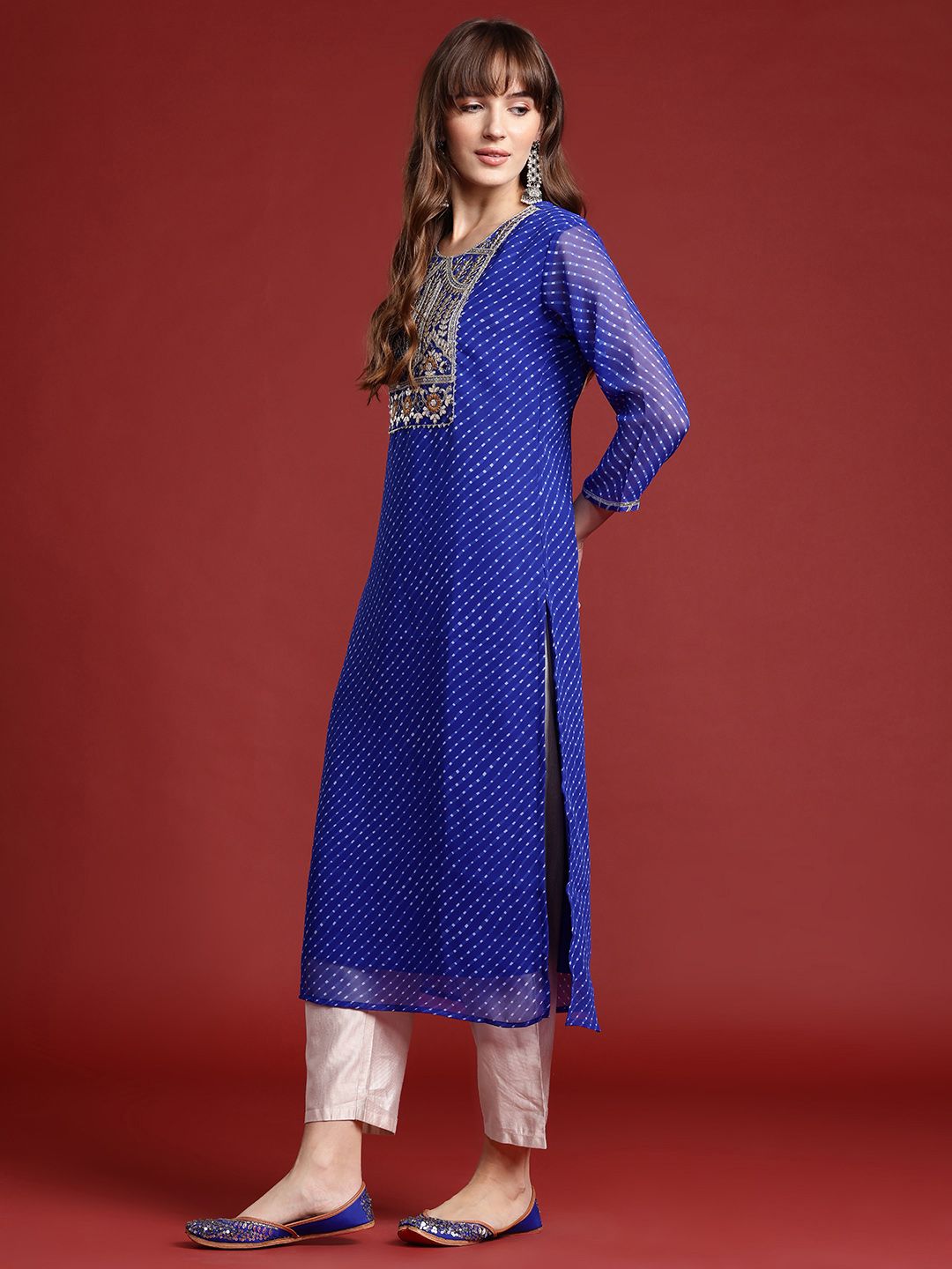 Indyancart IE Leheriya Embroidered Gotta Patti Georgette Kurta