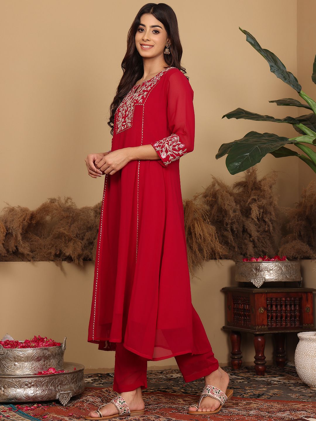 Indyancart VA Women's Floral Embroidered Silk Georgette A-Line Kurta with Trousers & Dupatta