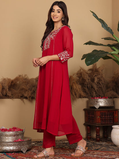 Indyancart VA Women's Floral Embroidered Silk Georgette A-Line Kurta with Trousers & Dupatta