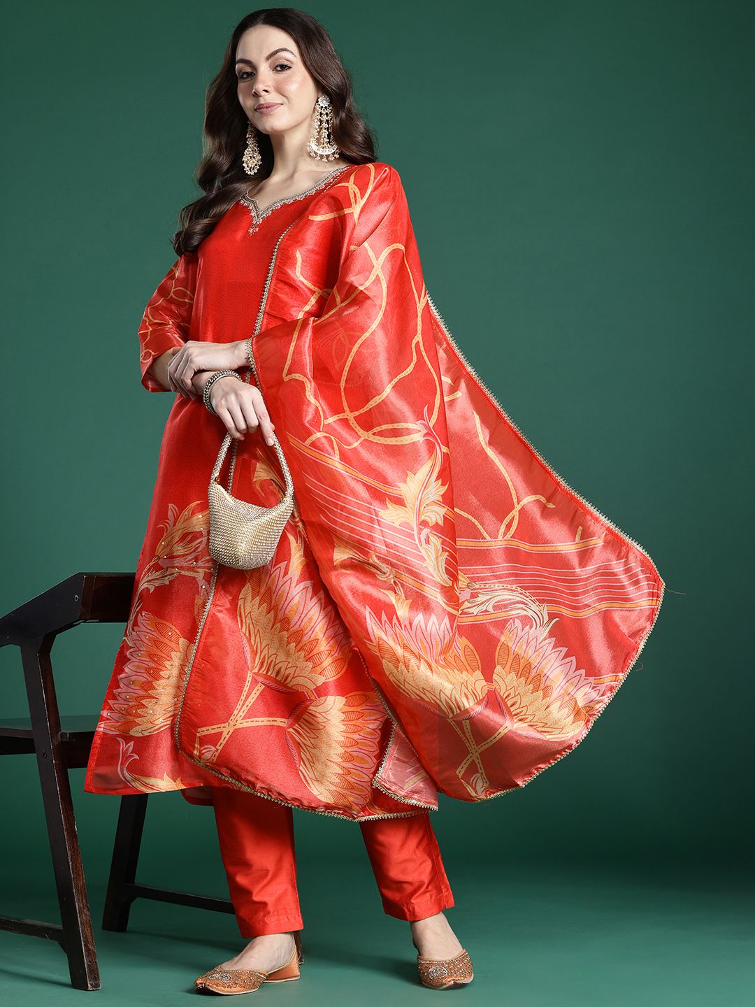 Floral Printed Sequinned Kurta with Trousers & Dupatta