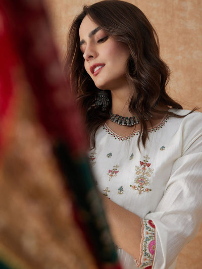 Indyancart SN Women's White Ethnic Motifs Embroidered Thread Work Straight Kurta & Trouser With Dupatta