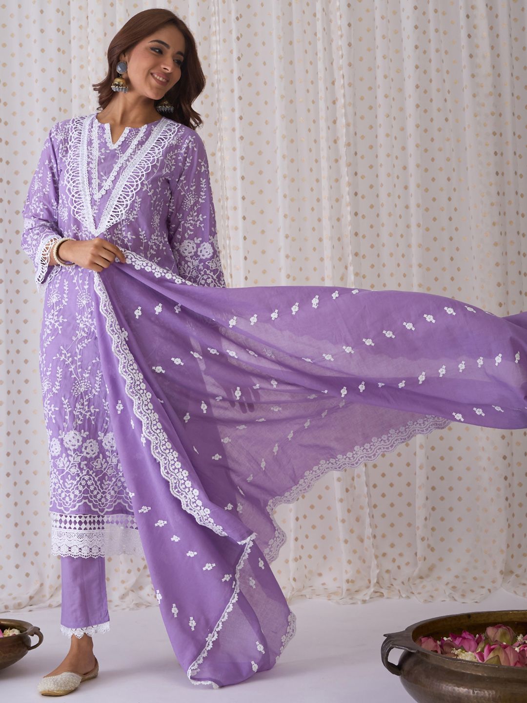 Floral Embroidered Pure Cotton Straight Kurta With Trousers & Dupatta