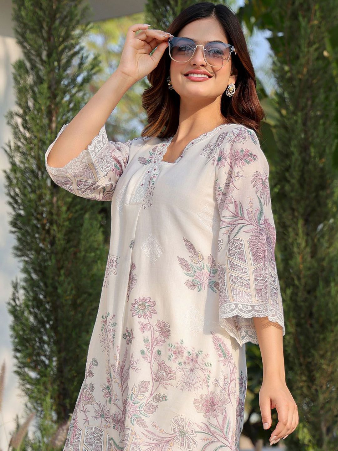 Indyancart IE Floral Printed Pure Cotton Tunic With Trousers Co-Ords