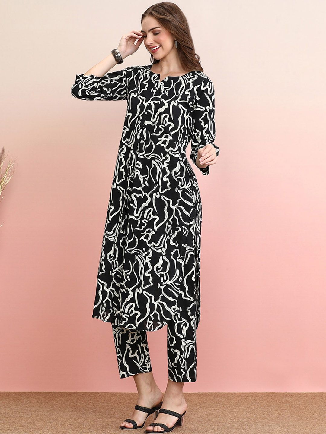 Indyancart IE Black Printed Pure Cotton Tunic With Trousers