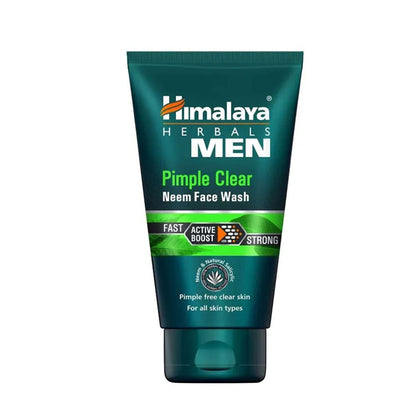 Himalaya Men Pimple Clear Neem Face Wash bottle with label, featuring neem extract for acne-prone skin, on a white background