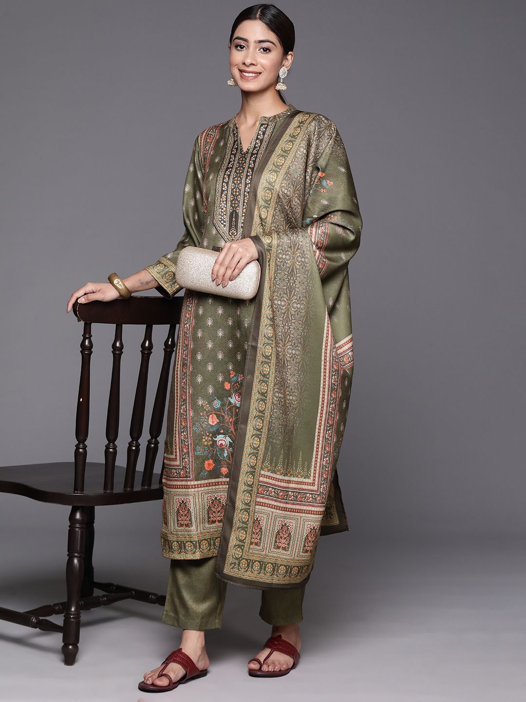 Indyancart VA Women'sEthnic Motif Printed Winter Kurta with Trouser & Dupatta