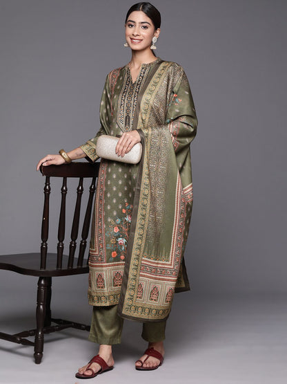 Indyancart VA Women'sEthnic Motif Printed Winter Kurta with Trouser & Dupatta