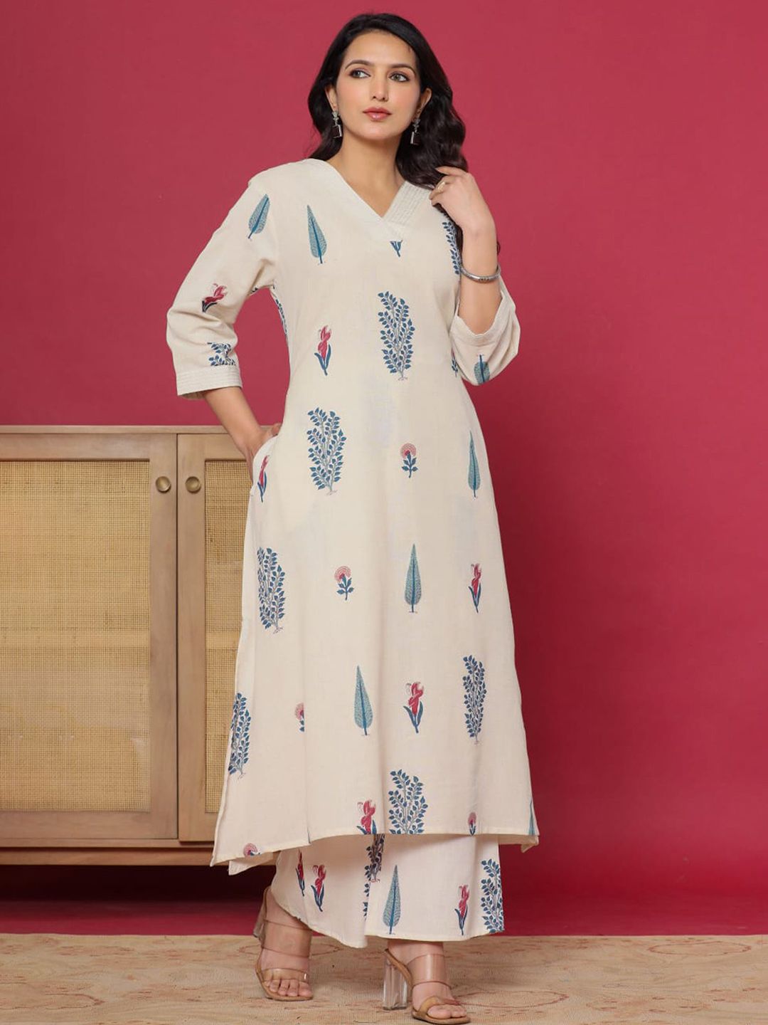 Dhiyona IE Paisley Printed Pure Cotton Notch Neck Straight Tunic And Palazzo