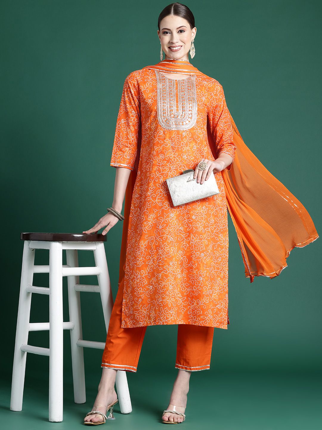 Indyancart IE Women Bandhani Printed Regular Sequinned Pure Cotton Kurta with Palazzos & With Dupatta
