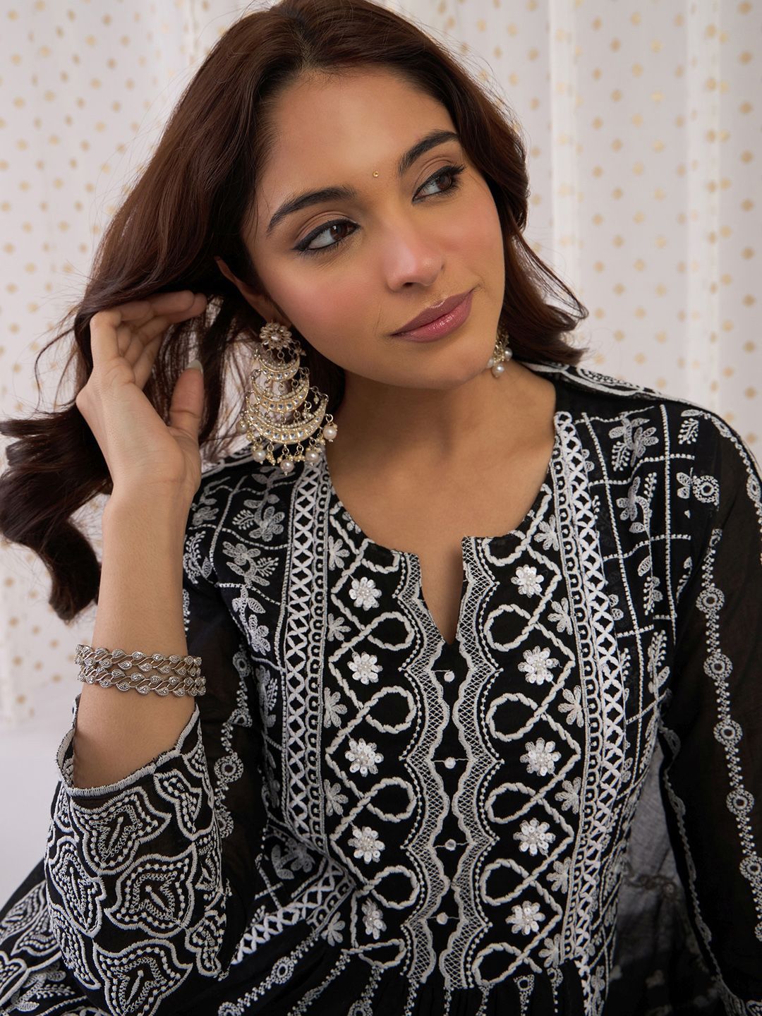 Floral Embroidered Notch Neck Pure Cotton A-Line Kurta With Trousers & Dupatta
