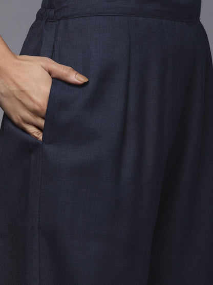 Dhiyona IE Women Navy Blue Ethnic Motifs Yoke Design Kurta with Palazzos & With Dupatta
