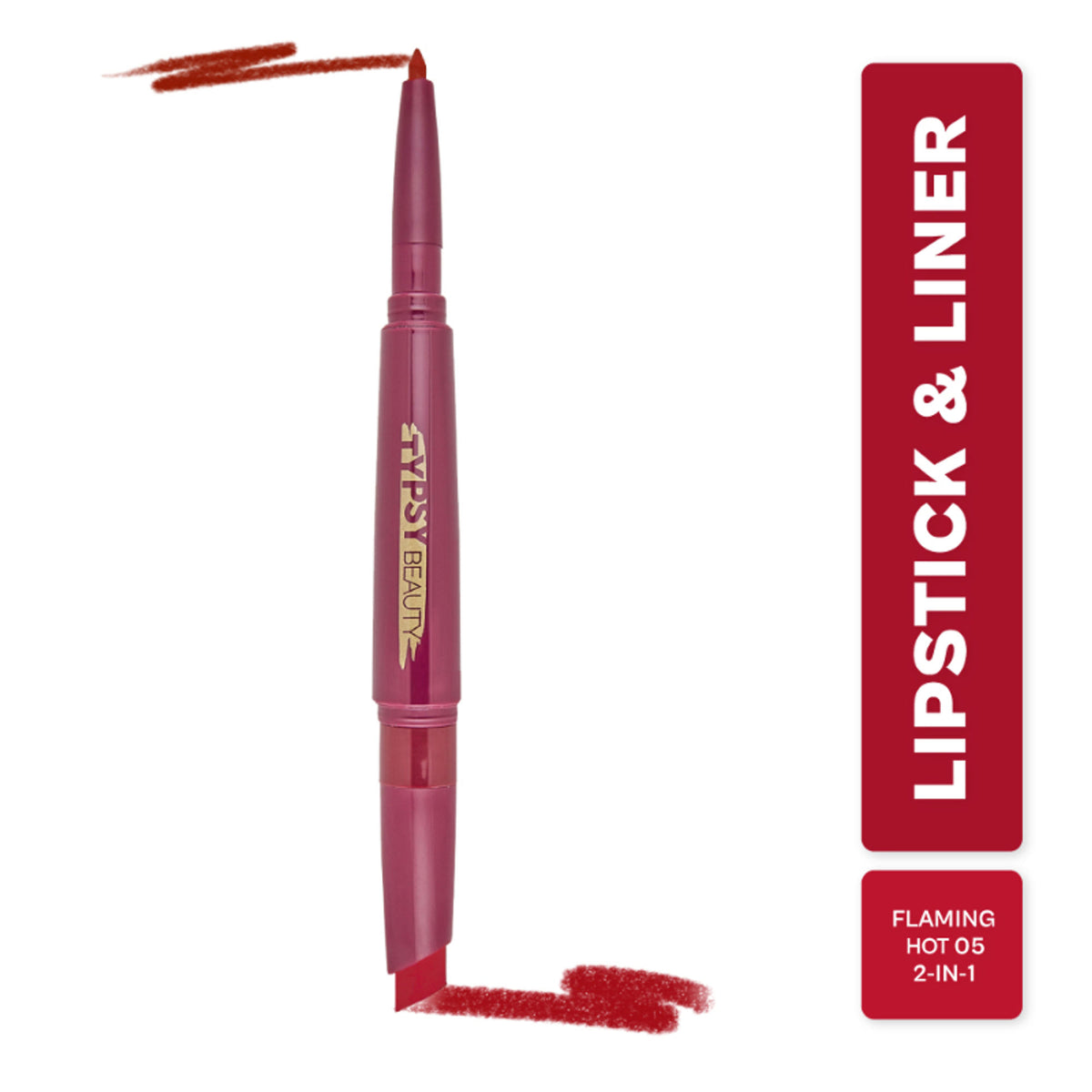 Typsy Beauty Twist & Pout Lipstick and Lip Liner set in Flaming Hot with vibrant red shades for bold lip makeup.