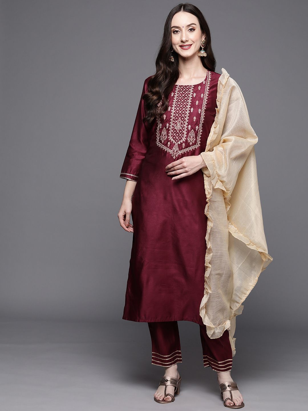 Indyancart IE Women Magenta Ethnic Motifs Embroidered Kurta with Trousers & With Dupatta
