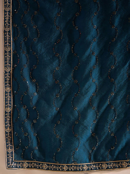 Indyancart IE Teal Ethnic Motifs Embroidered Regular Kurta with Trousers & Dupatta