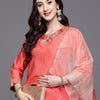 Dhiyona IE Women Pink Floral Embroidered Sequinned Liva Kurta With Palazzos & Dupatta
