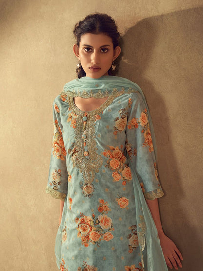 Indyancart VA Women'sSea Green Floral Printed Round Neck Kurta with Trousers & Dupatta