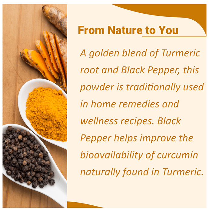 Miniature organic turmeric and black pepper Ayurvedic powder in a clear glass jar, highlighting the vibrant yellow and black spices inside.
