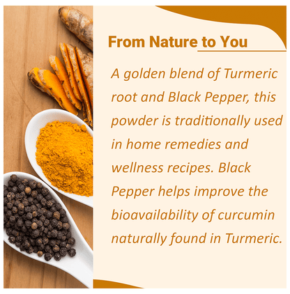 Miniature organic turmeric and black pepper Ayurvedic powder in a clear glass jar, highlighting the vibrant yellow and black spices inside.