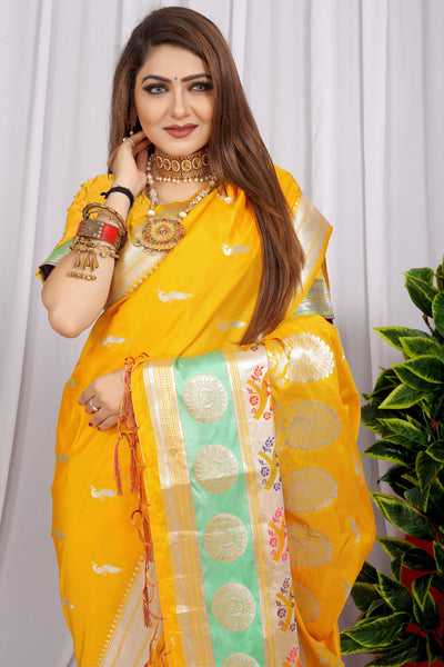 Indyancart GR Women's Chandramukhi Yellow Zari Paithani Silk Saree