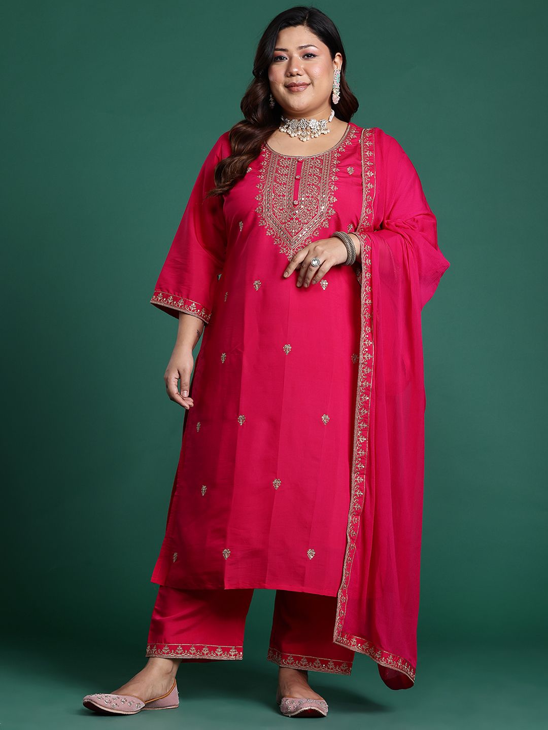 Indyancart Women's Plus Size Ethnic Motifs Embroidered Sequinned Kurta with Trousers & With Dupatta