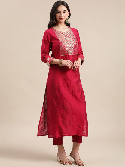 Indyancart VA Women's Red Yoke Design Kurta with Trousers & With Dupatta
