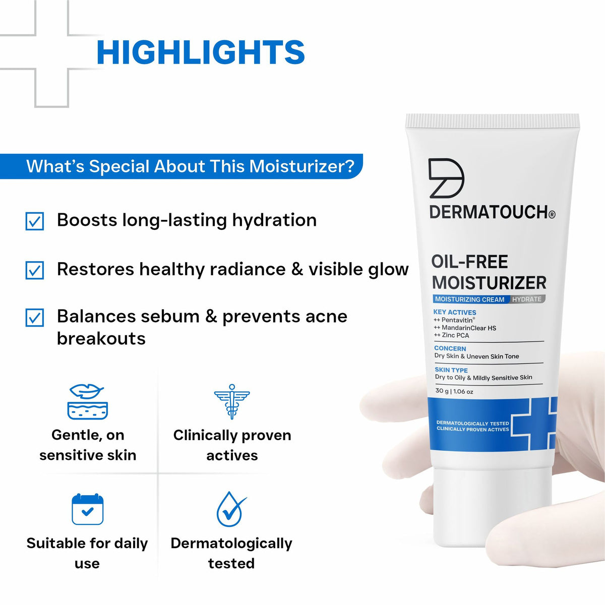 Dermatouch oil-free moisturizer providing lightweight hydration and non-greasy daily skin care in a sleek container.