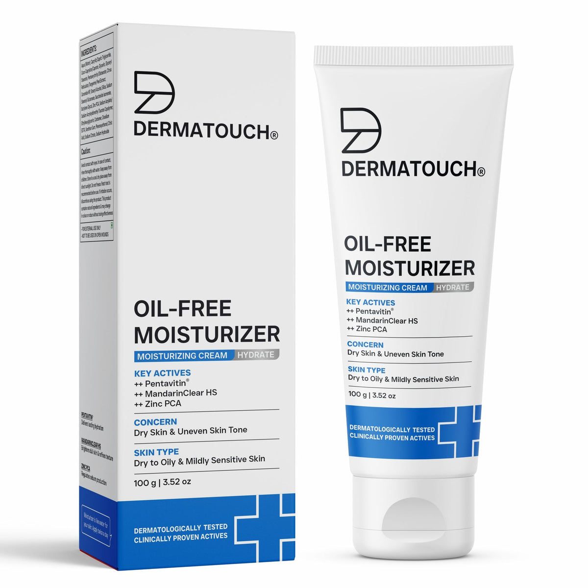 Dermatouch oil-free moisturizer in a white jar, lightweight hydrating formula for non-greasy daily skin care.