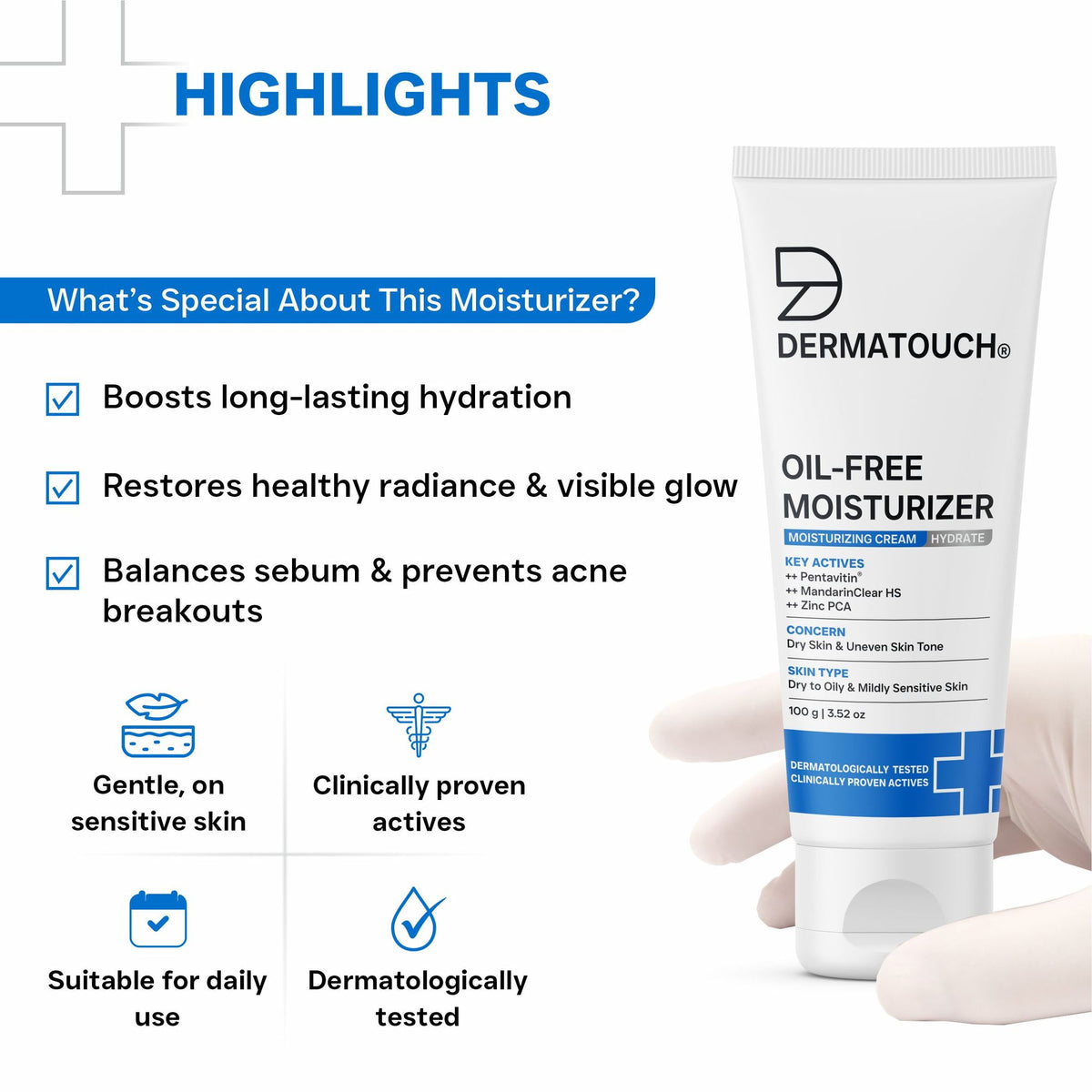 Dermatouch Oil-Free Moisturiser for lightweight hydration and non-greasy daily skin care, showing the moisturizer jar and smooth texture.