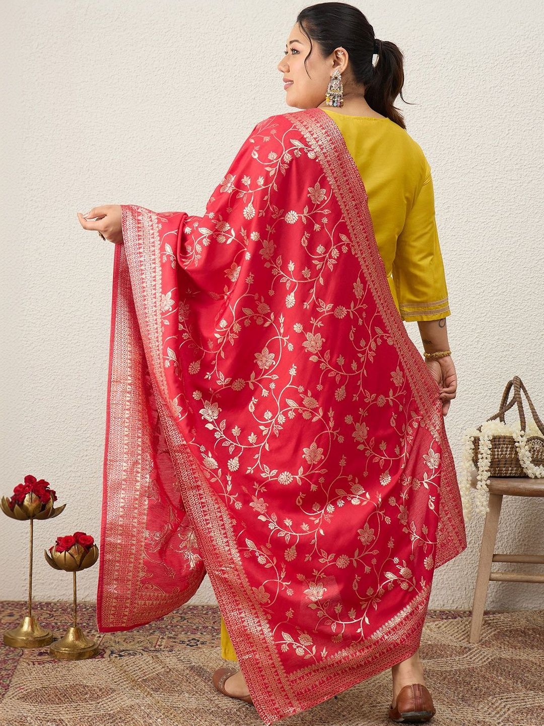 Indyancart Women's Ethnic Motifs Embroidered Regular Kurta with Trousers & With Dupatta