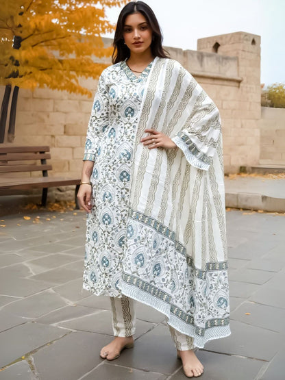 Women Ethnic Motifs Printed Cotton Kurta with Trousers & Dupatta