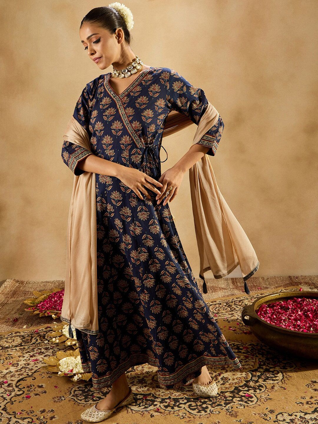 Indyancart IE Floral Printed Angrakha Mirror Work Pure Cotton A-Line Kurta & Trousers & Dupatta