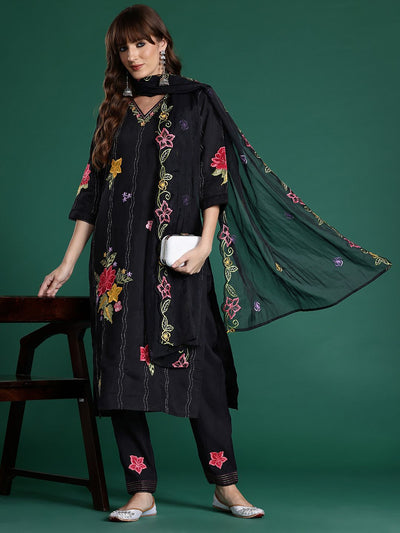 Dhiyona IE Floral Embroidered Sequinned Kurta With Trousers & Dupatta