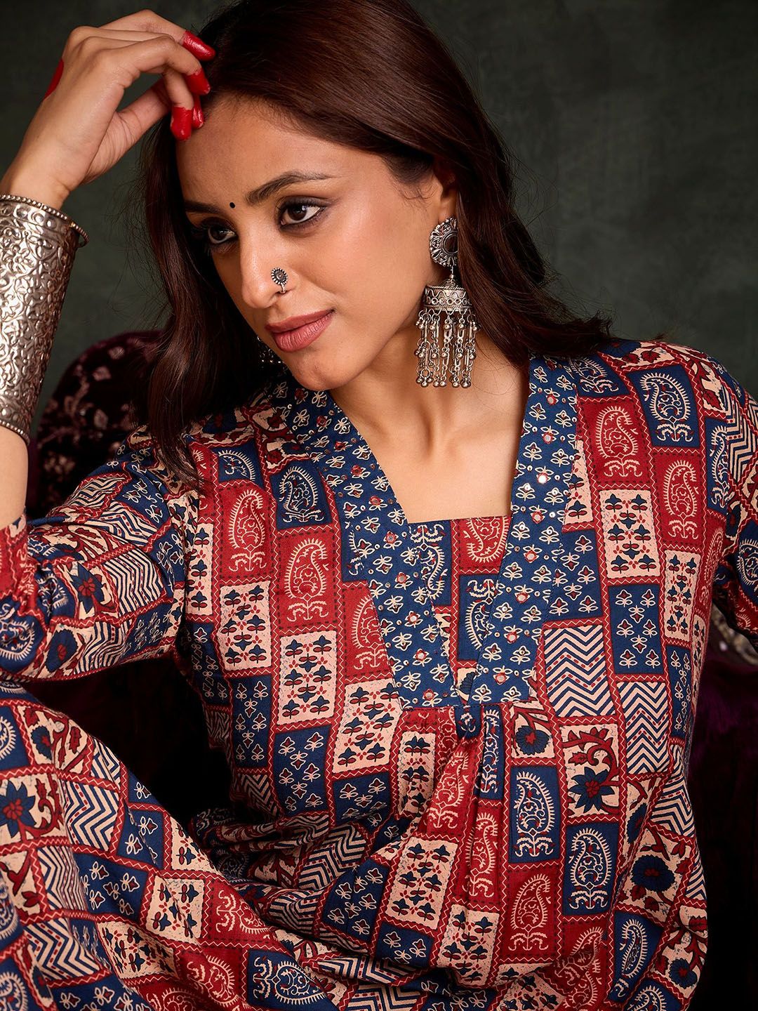 Indyancart IE Printed Square Neck Pure Cotton Tunic With Trouser