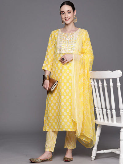 Indyancart IE Floral Printed Three-Quarter Sleeves Sequinned Pure Cotton Straight Kurta Set