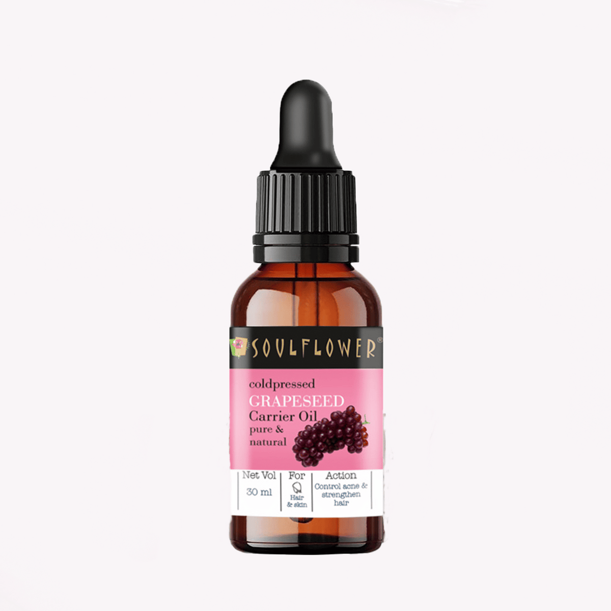 Soulflower Organic Grapeseed Face Serum & Carrier Hair Oil For Glowing Skin, Acne, Cold-Pressed