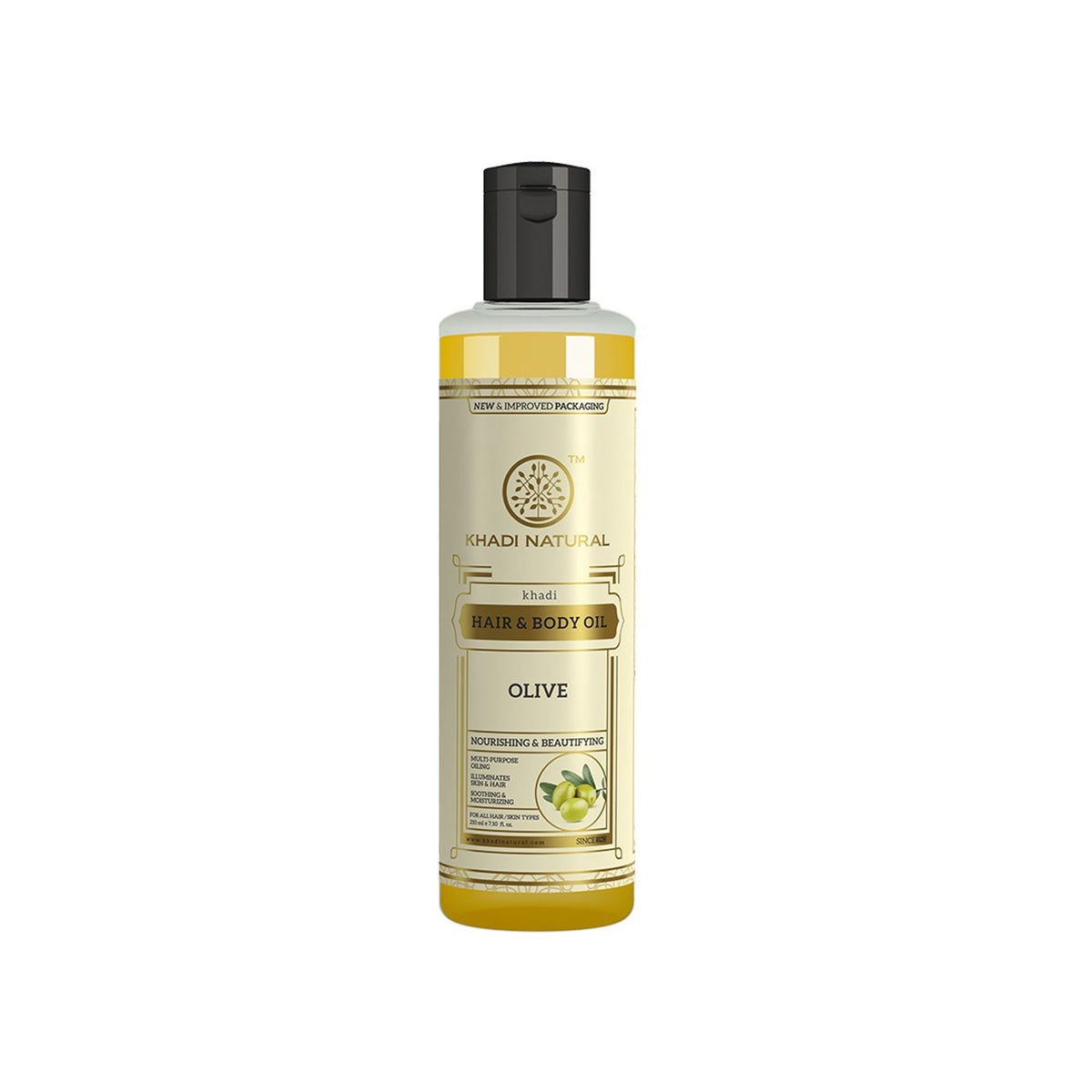 Khadi Natural Ayurvedic herbal olive hair and body oil bottle with olive leaves and golden accents, natural and nourishing skincare.