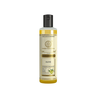Khadi Natural Ayurvedic herbal olive hair and body oil bottle with olive leaves and golden accents, natural and nourishing skincare.