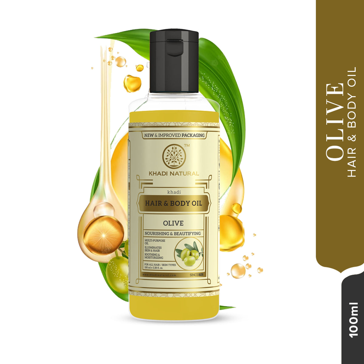 Khadi Natural Ayurvedic herbal olive hair and body oil bottle with a green label and dropper cap, placed on a wooden surface.