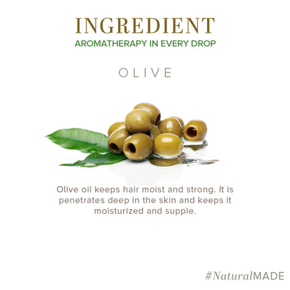 Khadi Natural Ayurvedic herbal olive oil bottle with olive and herbal ingredients, suitable for hair and body care.