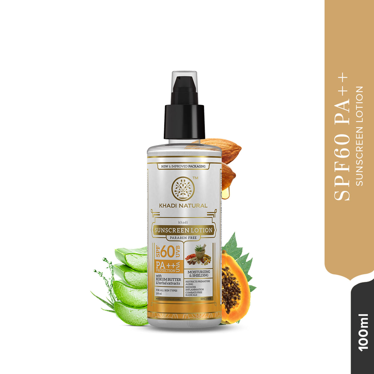 Khadi Natural SPF 60 moisturizing sunscreen lotion bottle with pump dispenser, designed for sun protection and skin hydration.