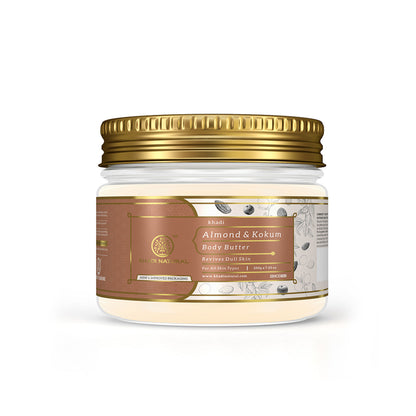 Khadi Natural Almond and Kokum Body Butter in a jar, creamy texture for reviving dull skin and nourishing the body.