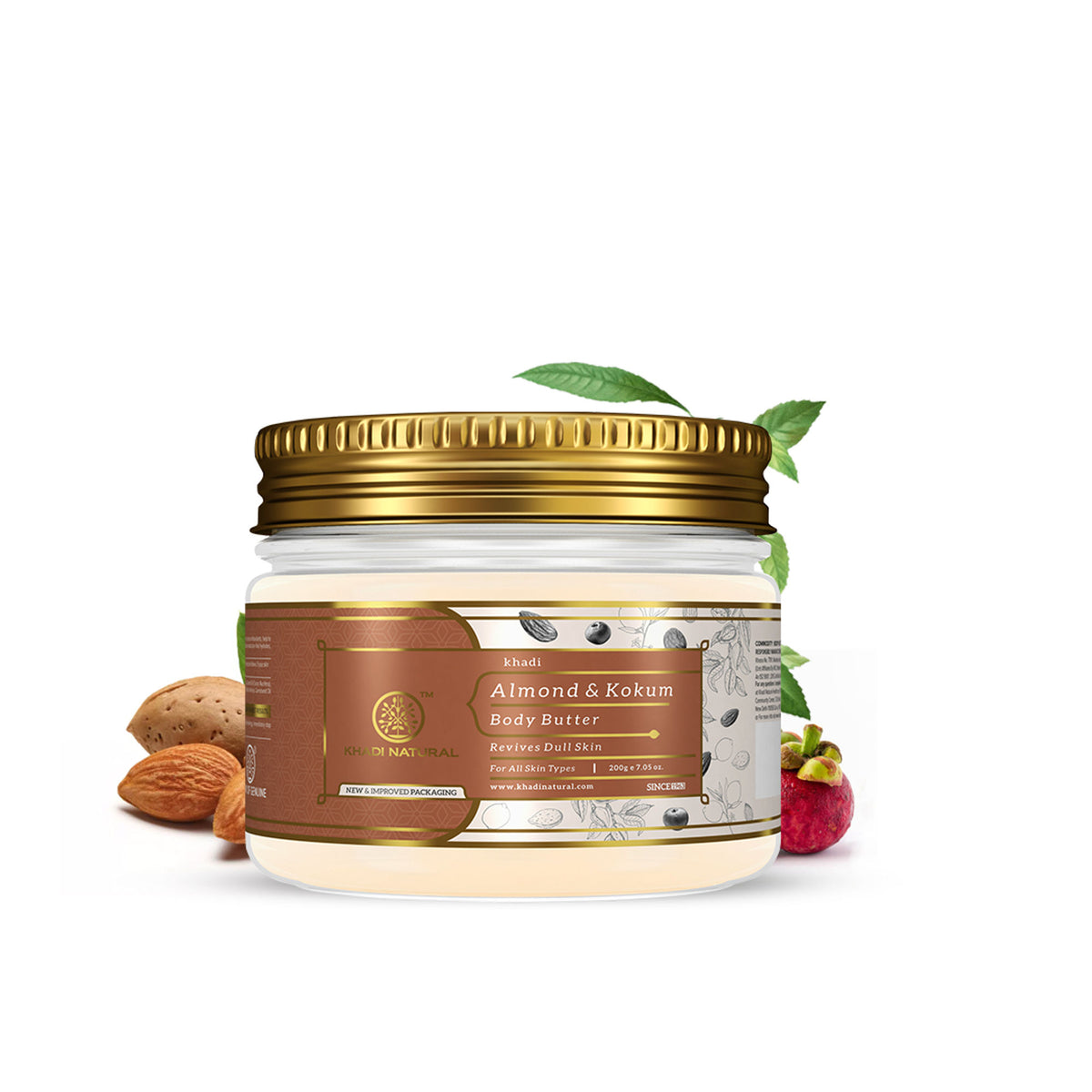 Khadi Natural Almond and Kokum Body Butter jar showing the creamy texture and natural ingredients for revitalizing dull skin.