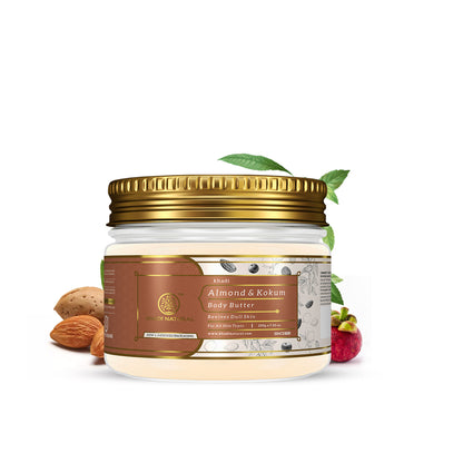 Khadi Natural Almond and Kokum Body Butter jar showing the creamy texture and natural ingredients for revitalizing dull skin.