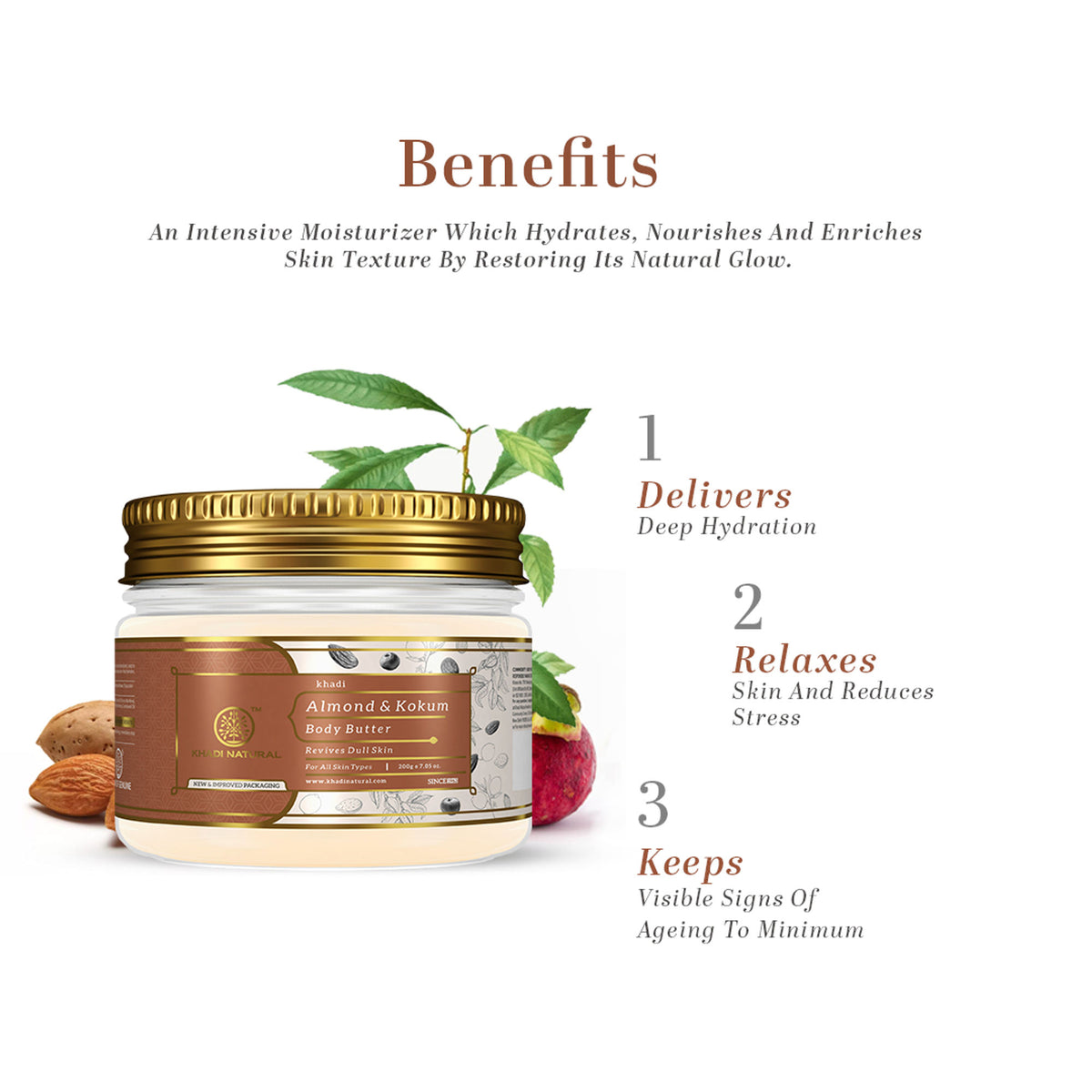 Khadi Natural Almond & Kokum Body Butter jar showing creamy texture and natural ingredients, ideal for revitalizing dull skin.