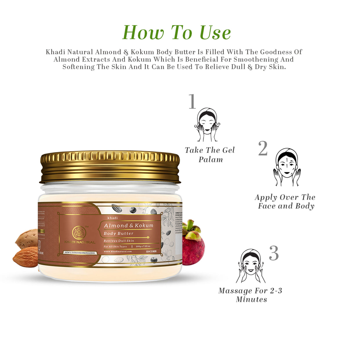 Khadi Natural Almond and Kokum Body Butter jar showing creamy texture and natural ingredients for revitalizing dull skin