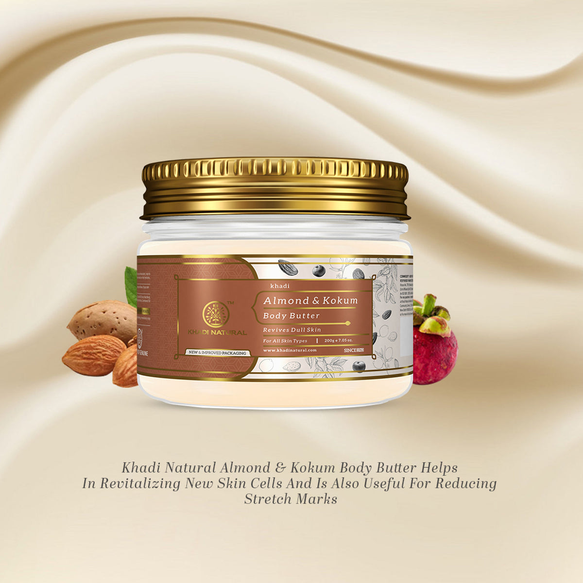 Khadi Natural Almond & Kokum Body Butter jar showing the cream texture and natural ingredients for revitalizing dull skin