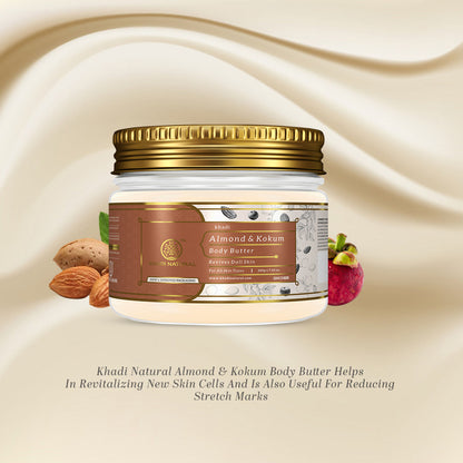 Khadi Natural Almond & Kokum Body Butter jar showing the cream texture and natural ingredients for revitalizing dull skin
