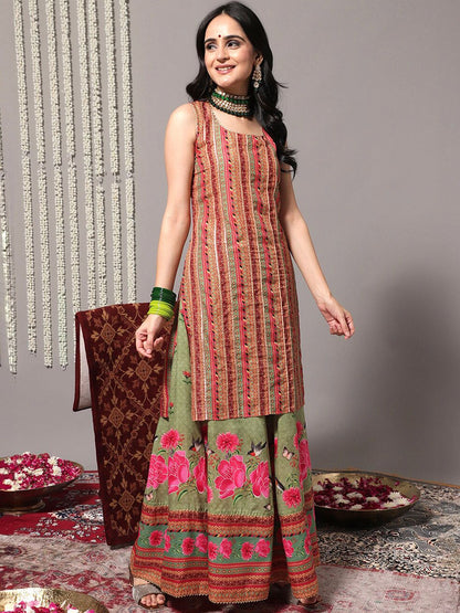 Indyancart VA Women'sEthnic Printed Gotta Patti Straight Kurta With Sharara & Dupatta
