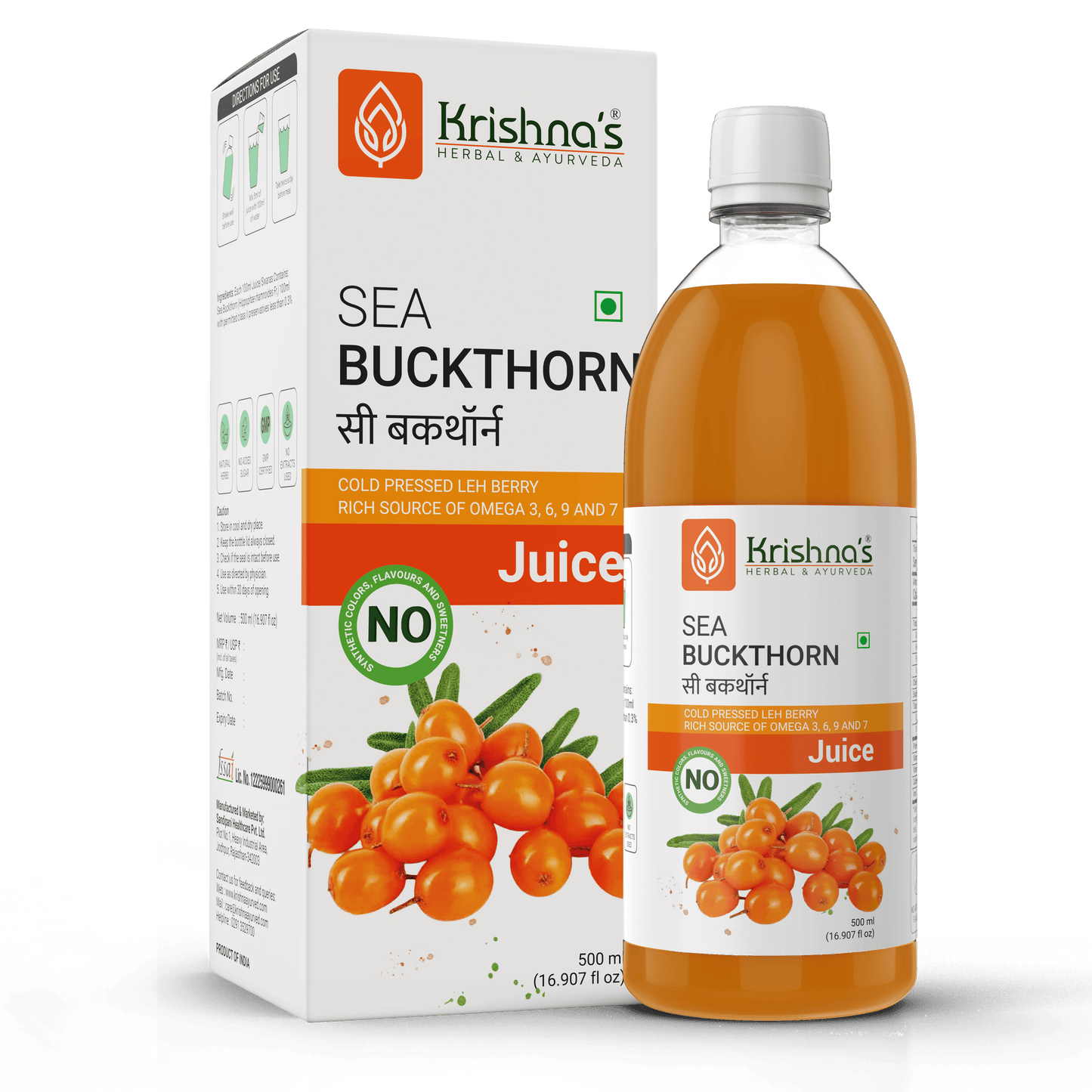 Krishna's Herbal & Ayurveda Sea Buckthorn Juice in a glass bottle, showcasing fresh sea buckthorn berries and vibrant orange color.